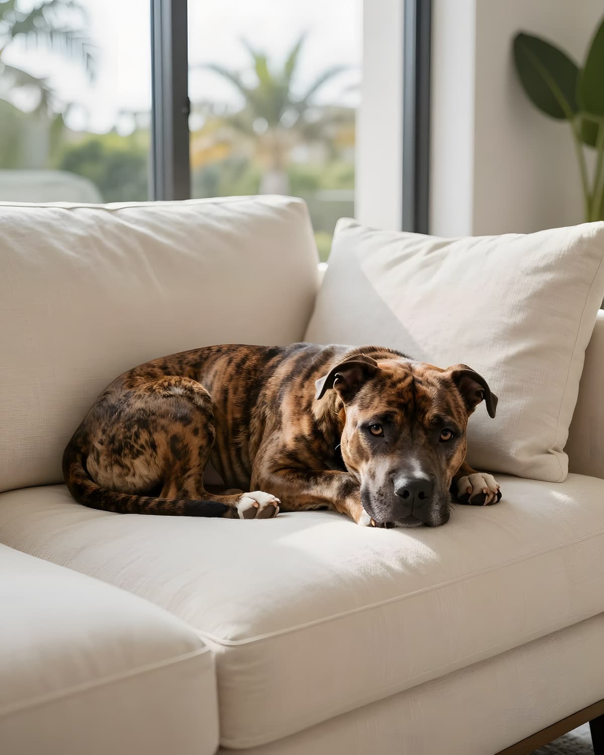 A brindle dog curled up on a cream linen sofa beside a window