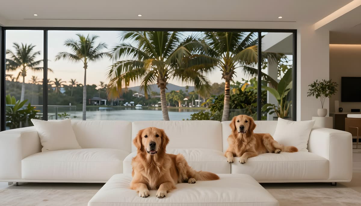 Two golden retrievers resting on a white sofa in a bright living room, floor-to-ceiling windows looking out to palms and the water