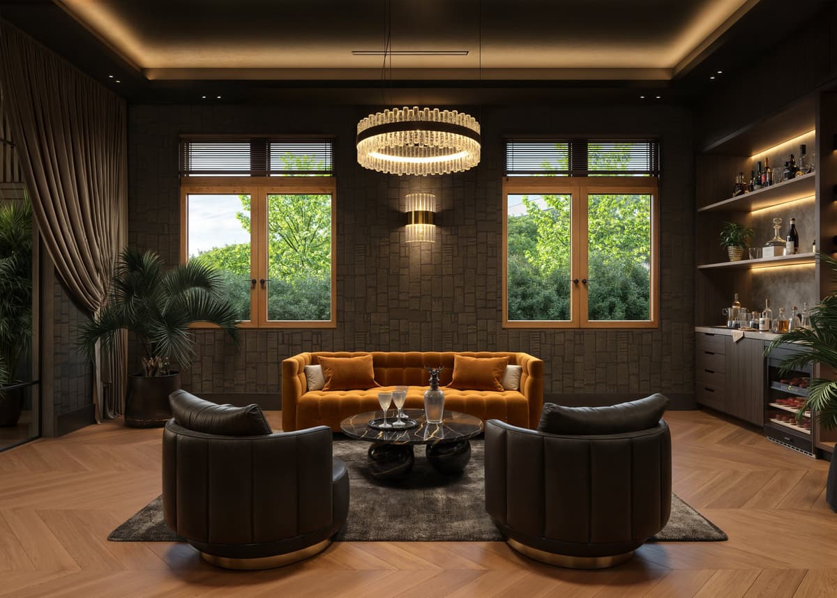 Lounge with dark textured walls, a velvet sofa, two leather club chairs and a crystal ring chandelier