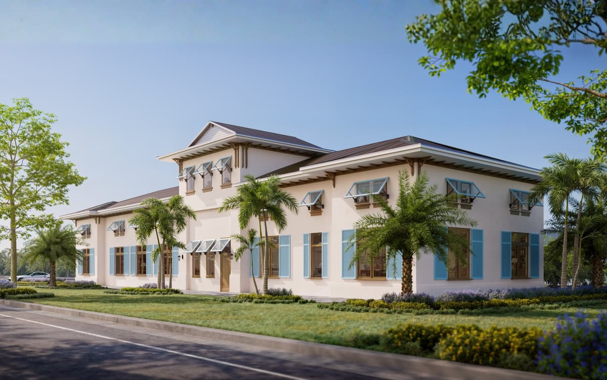 Rendering of The Lofts at Tequesta from the corner: two-story buildings in white stucco with blue Bahama shutters and standing-seam roofs