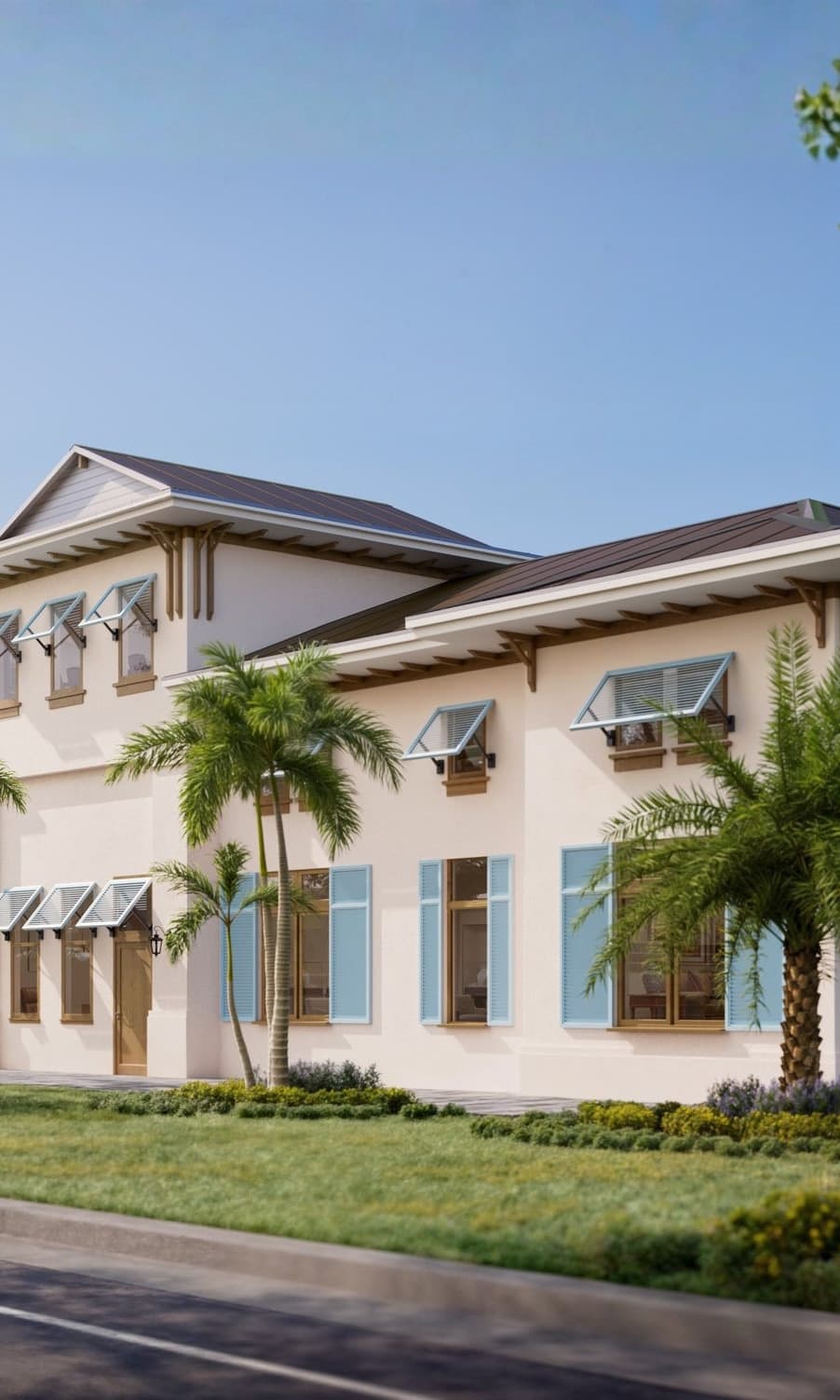 Rendering of a two-story white commercial building with blue shutters and a standing-seam roof, palms along the street front