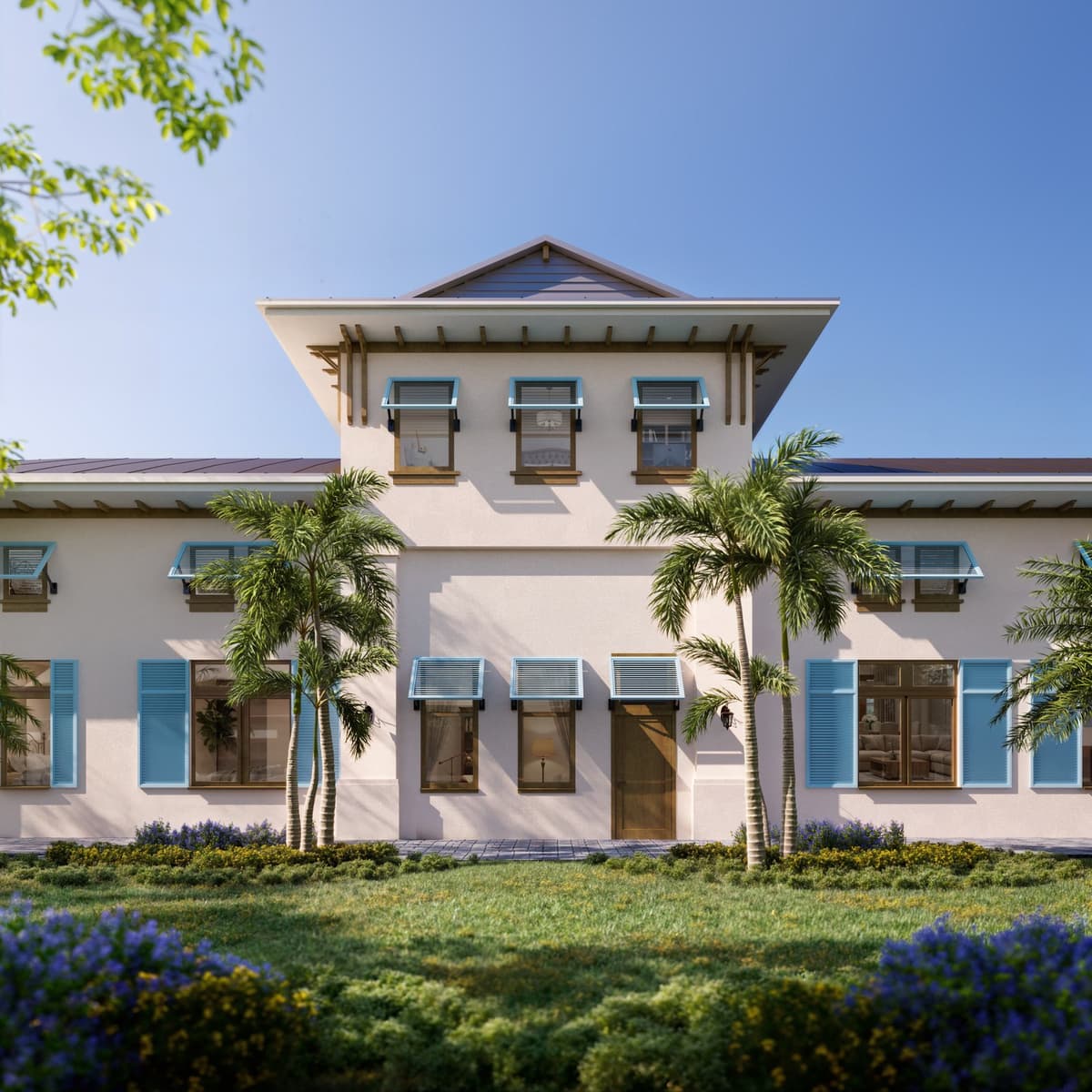 A building façade in white stucco with blue Bahama shutters and a hipped standing-seam roof, palms in front