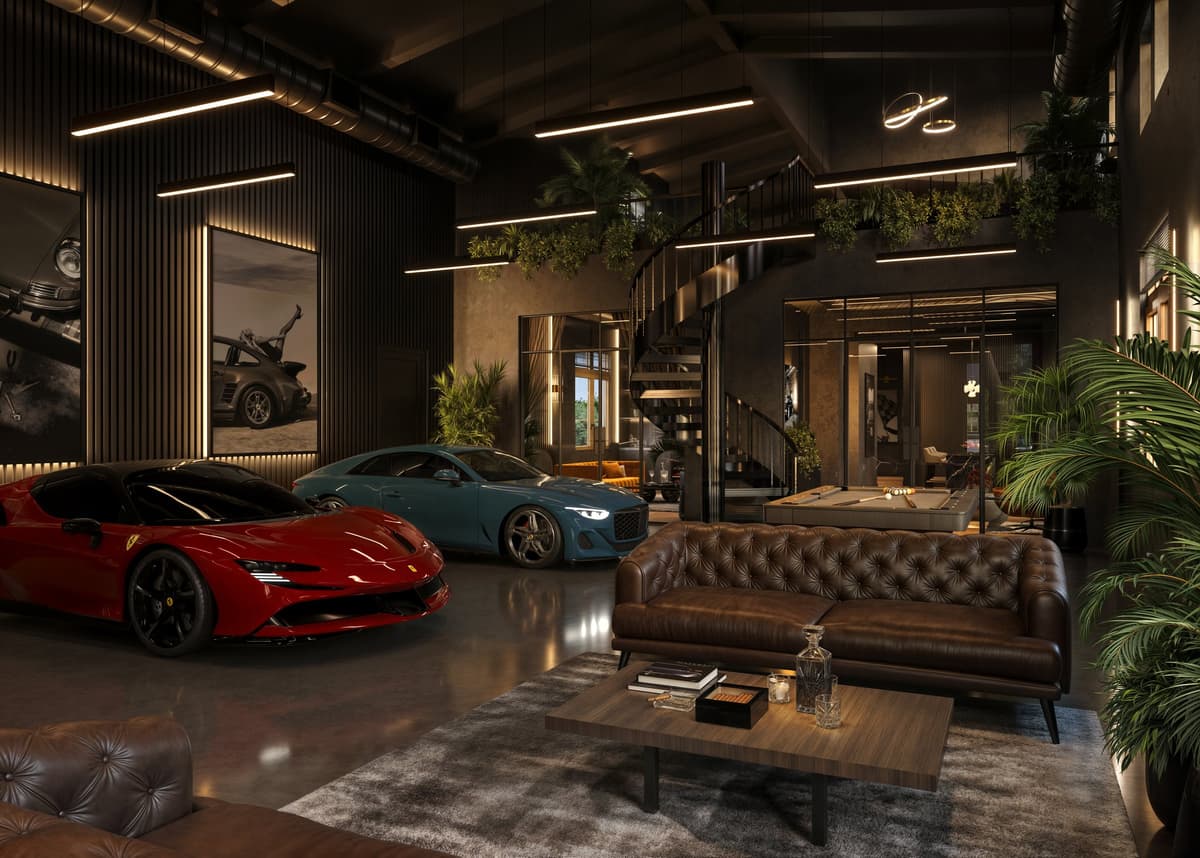 Ground-floor gallery with two sports cars, a leather sofa and a spiral stair to the mezzanine