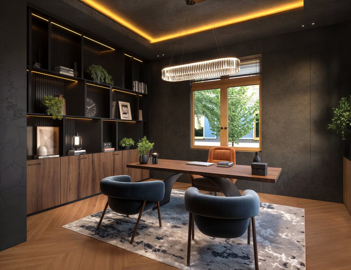 Office with walnut shelving, a timber desk, two blue chairs and an oval pendant light