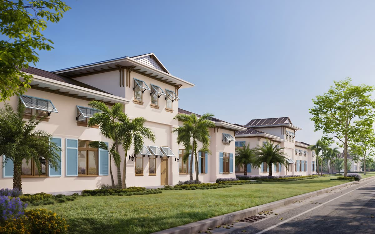 Rendering of The Lofts at Tequesta: two-story buildings in white stucco with blue Bahama shutters and standing-seam roofs, set along a planted street with palms
