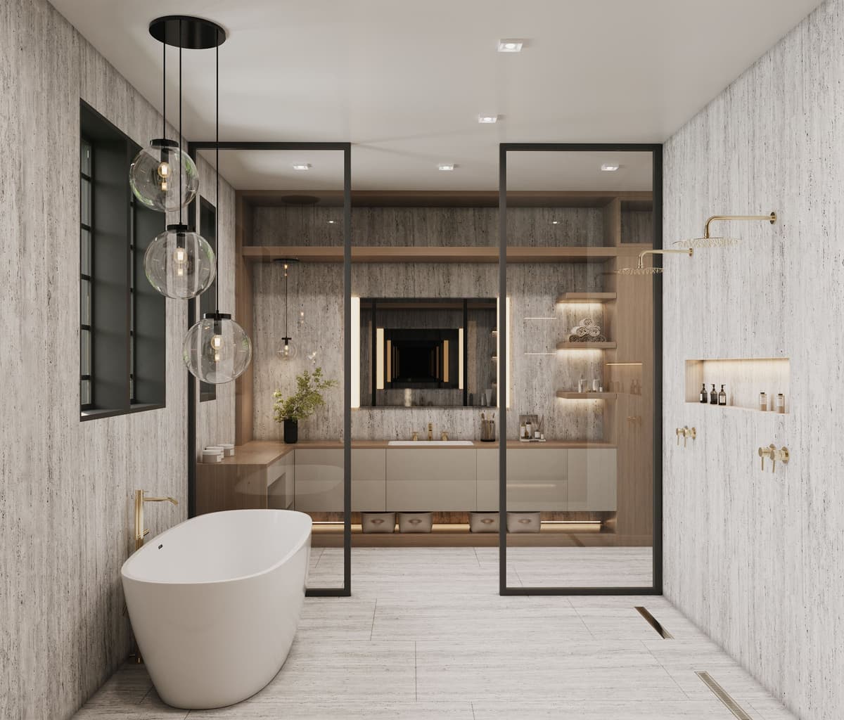 Primary bath with a freestanding tub and black steel shower screens