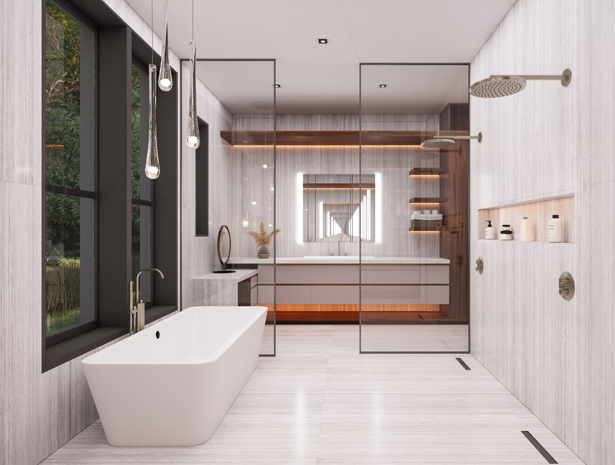 Bath with a freestanding tub, a walk-in glass shower and a lit timber vanity