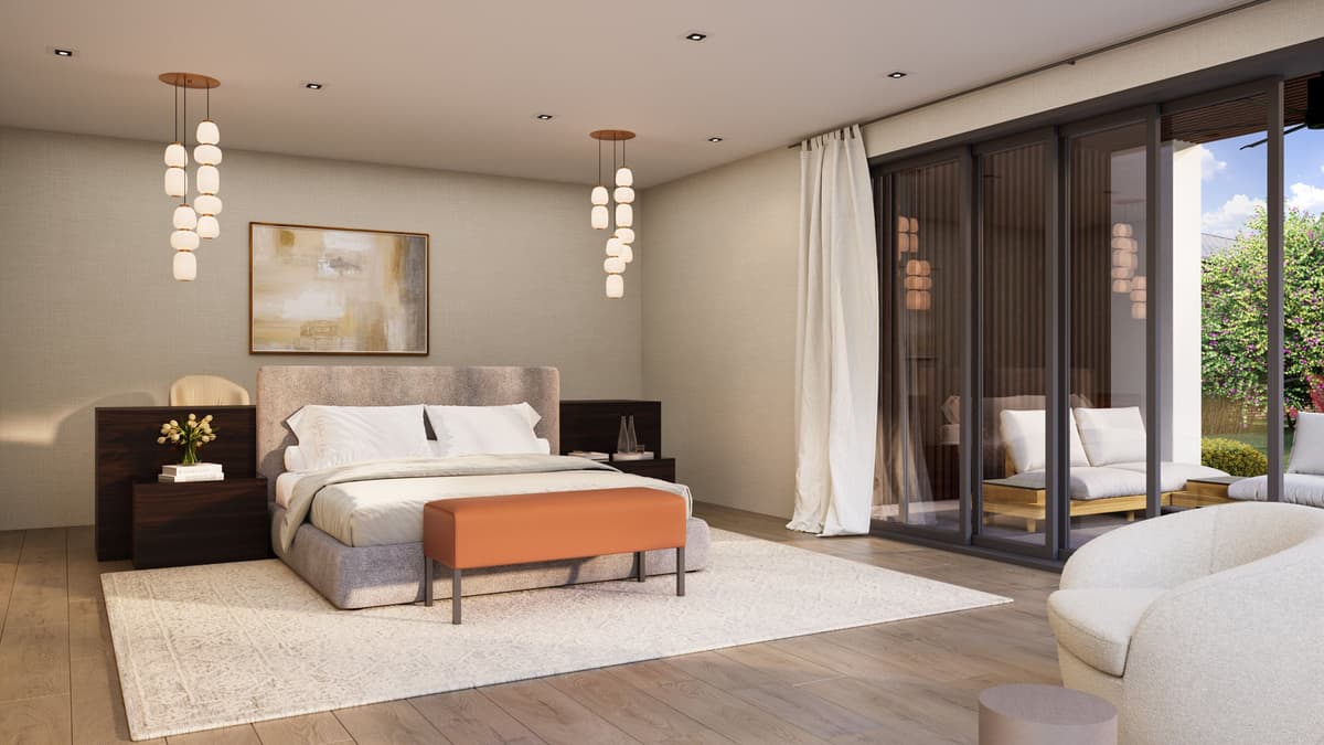 Bedroom with glass pendant lights, an upholstered bed and a glass wall open to a covered terrace