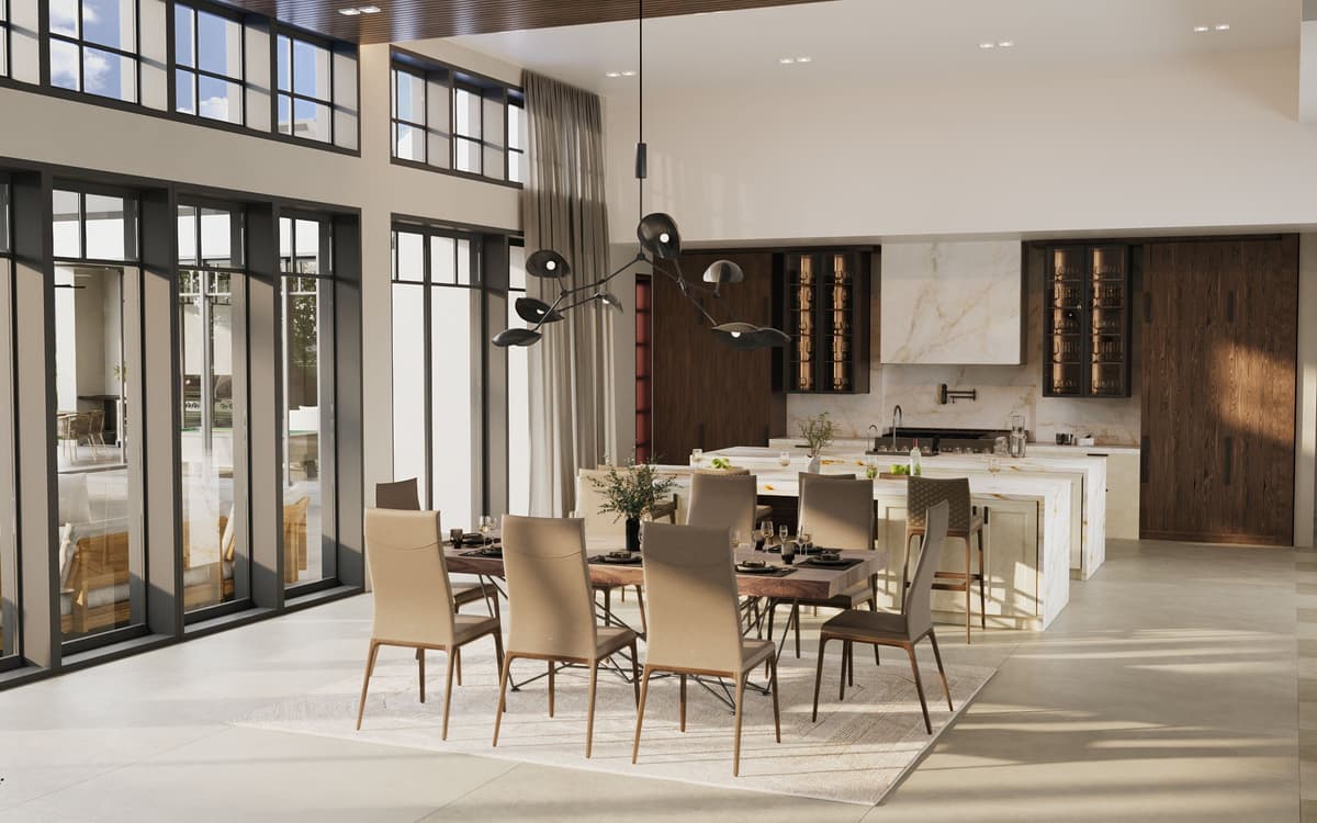 Dining room under steel-framed windows, a marble kitchen beyond
