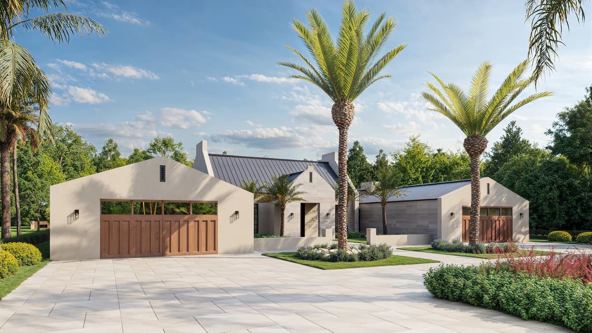 Residence A: white stucco gables, timber garage doors and a stone motor court