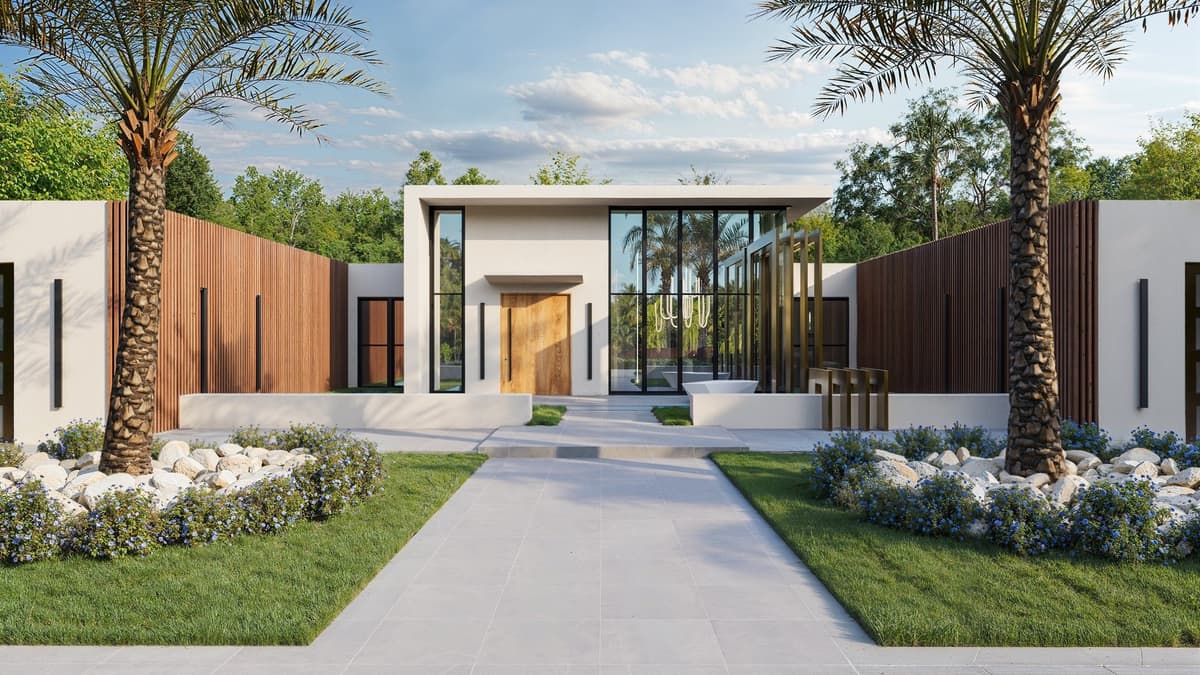 Residence B: a modern entry pavilion with timber cladding, full-height glass and a planted walk
