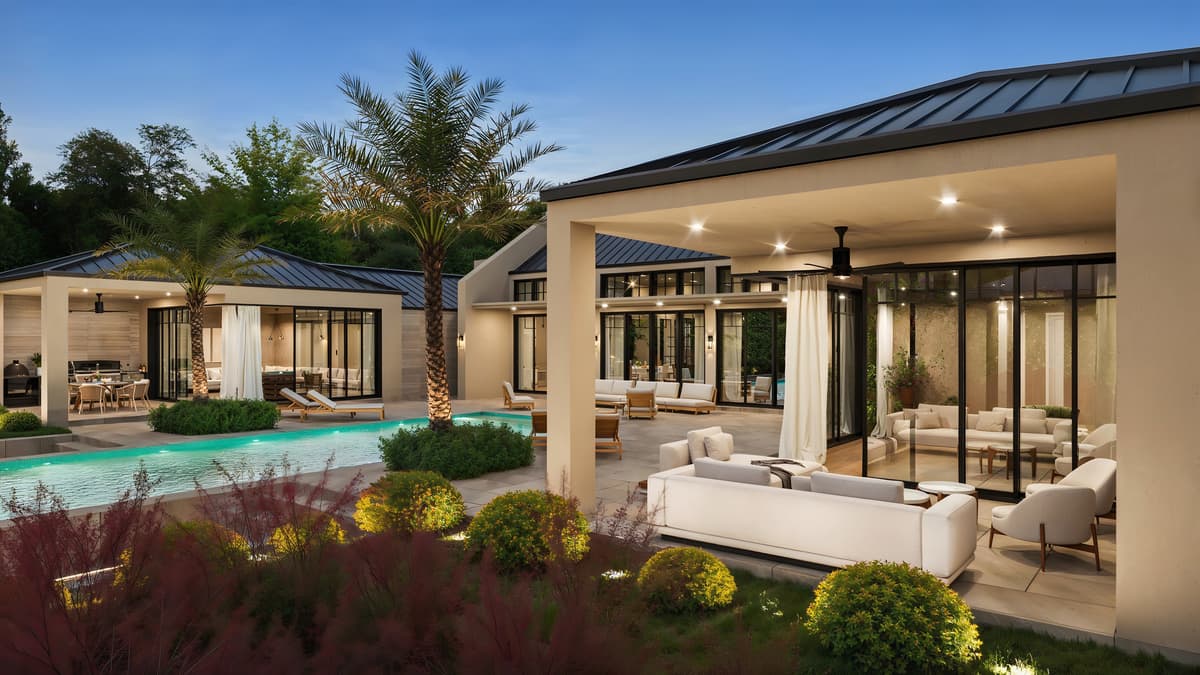 Rendering of Pennock Point at dusk: a covered loggia and lit pool beneath a standing-seam roof, framed by palms