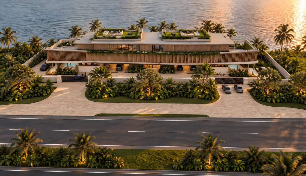 Rendering of Sandbar from the air: a long low house behind a planted motor court, the Intracoastal beyond at sunset