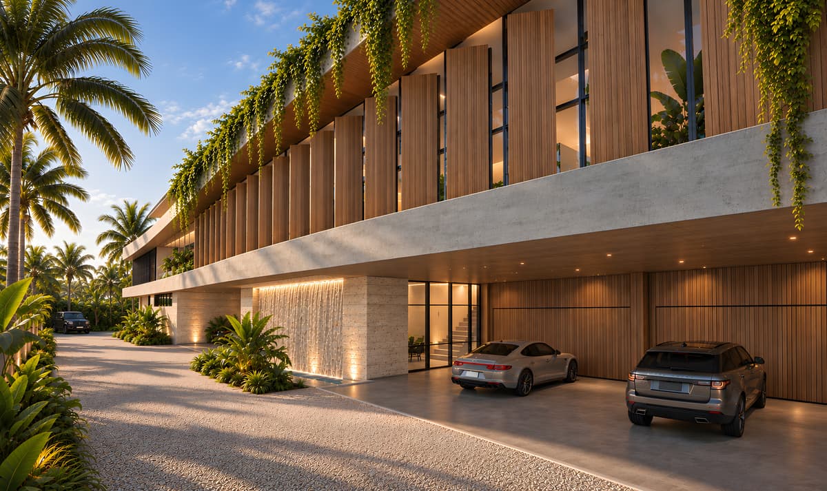 Rendering of the motor court: a garage behind timber screens under a planted overhang, two cars parked