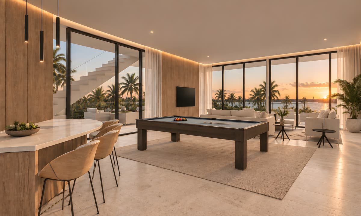 Rendering of a billiards room and lounge with full-height glass facing the water