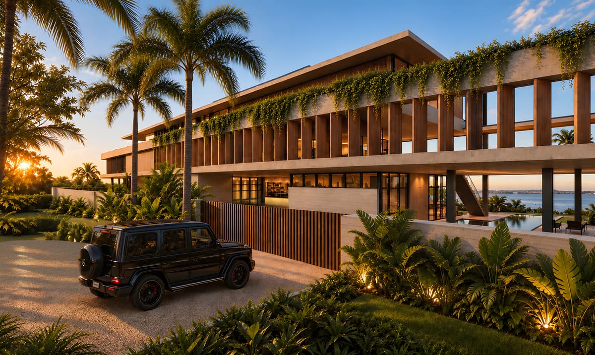 Rendering of a long timber-screened house at sunset, a black SUV in the drive, palms and the Intracoastal beyond