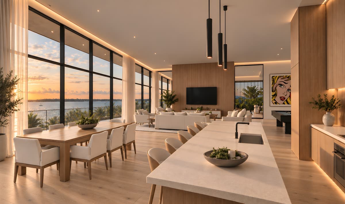 Rendering of the kitchen and dining room, glass walls open to the water at sunset