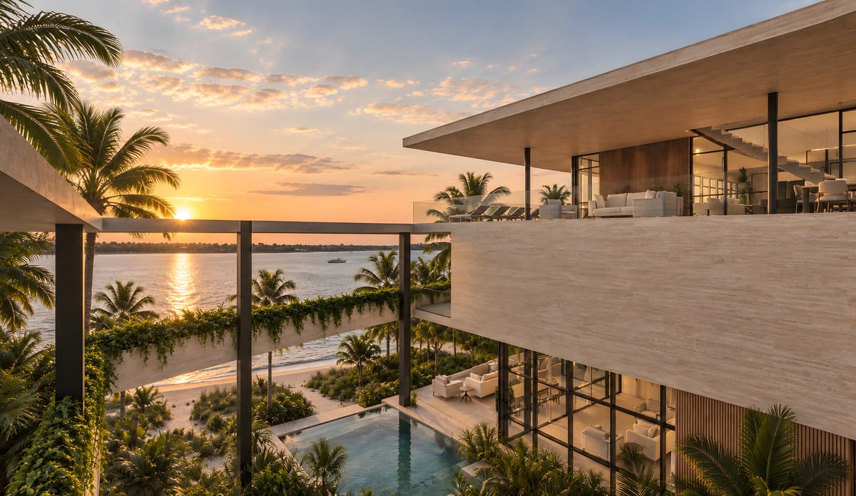 Rendering of an upper terrace at Sandbar over the pool, the sun setting on the water