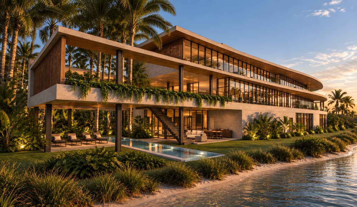 Rendering of the Sandbar house from the water at dusk, the pool lit beneath the terraces