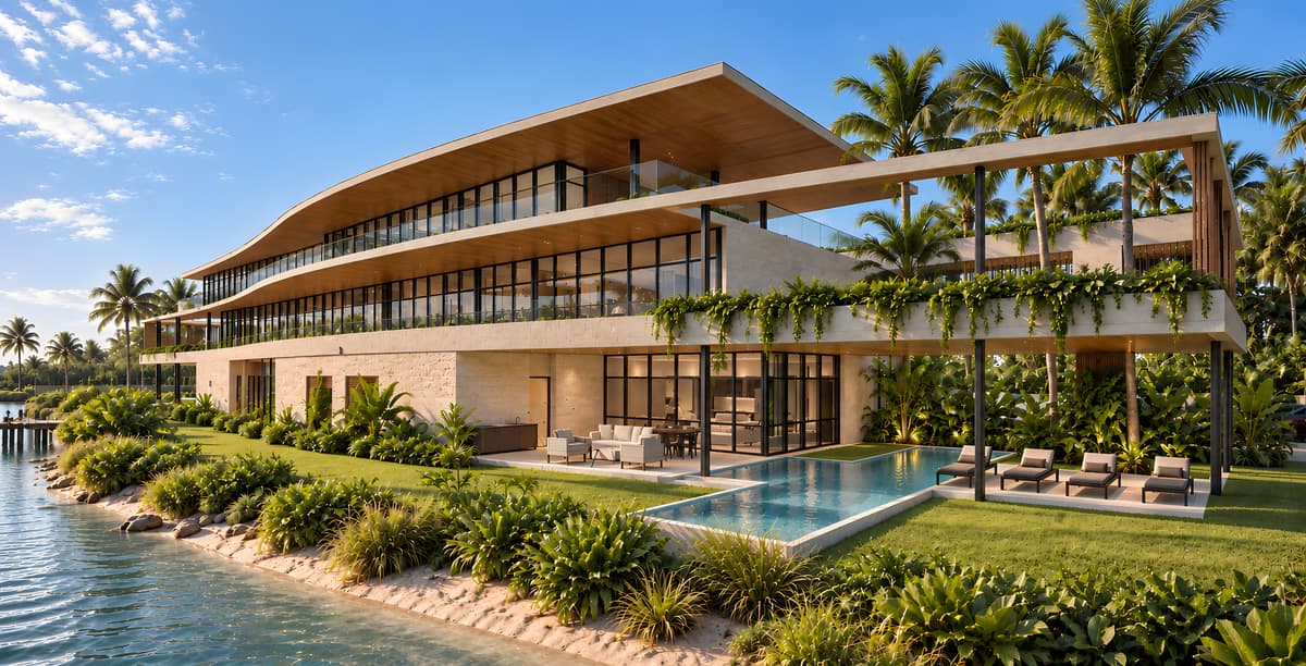 Rendering of the water side of a long three-story house, pool and terraces facing the Intracoastal